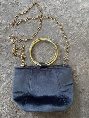 Navy Velvet Mini Bag with Gold Ring Handle